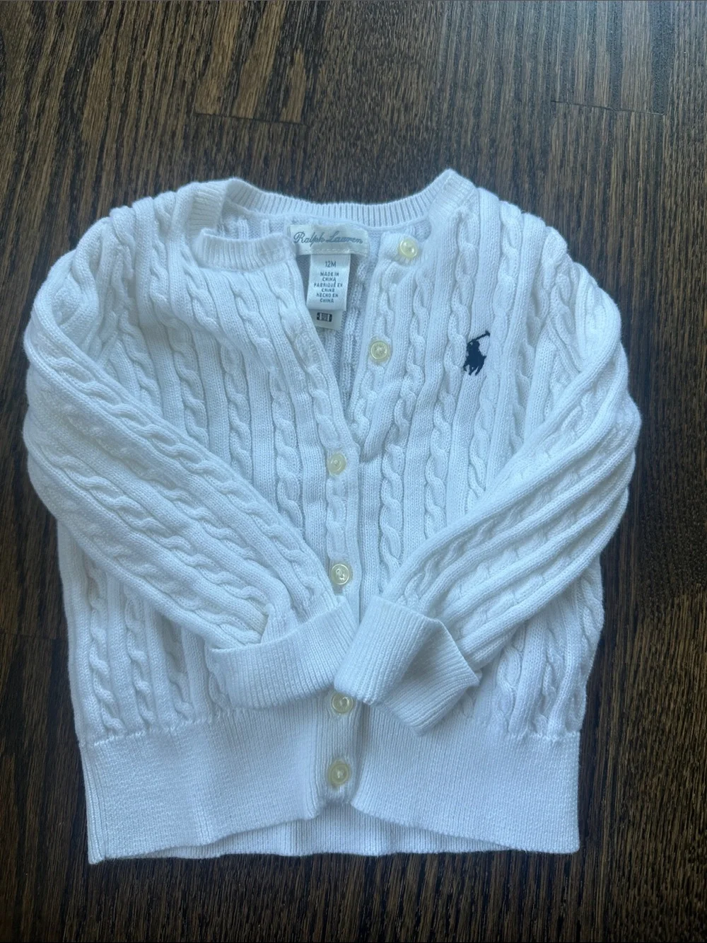 Ralph Lauren White Cable Knit Baby Cardigan with Navy Pony 12M
